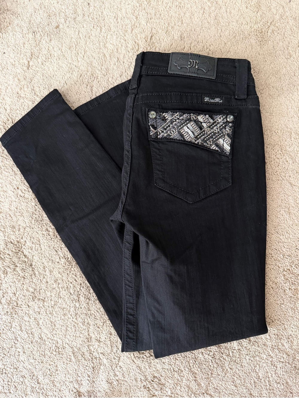 Womens Miss Me Jeans Size 29 X 30 Skinny Y2K Black Rhinestone Embellished Sequin - Picture 4 of 10
